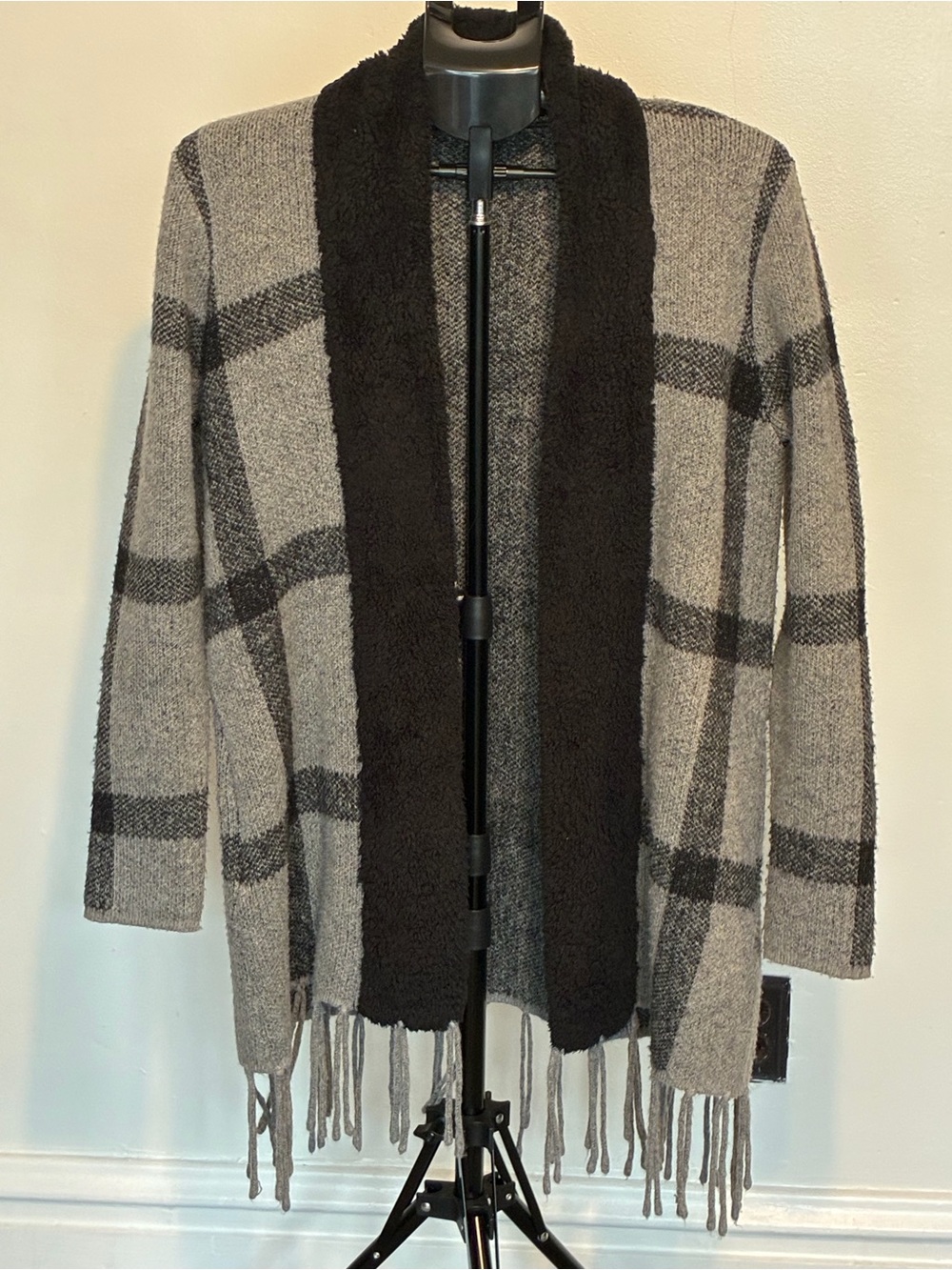 Adrienne Vittadini Gray and Black Plaid Open-Front Cardigan with Fringe